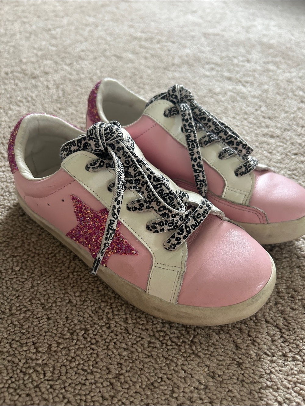 Sweet Honey Girls Pink Glitter Star Sneakers with Leopard Laces